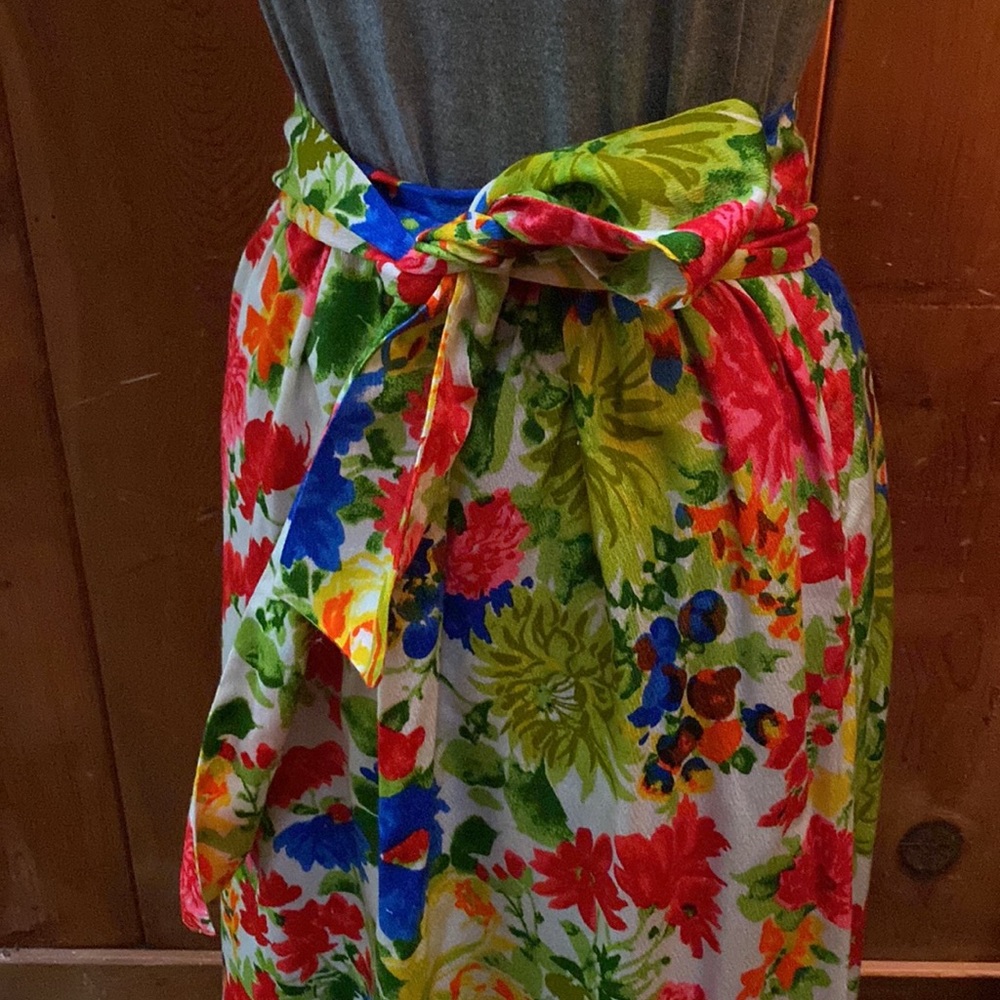 Vintage Handmade Bright Floral Maxi Skirt with Belt - Picture 5 of 7